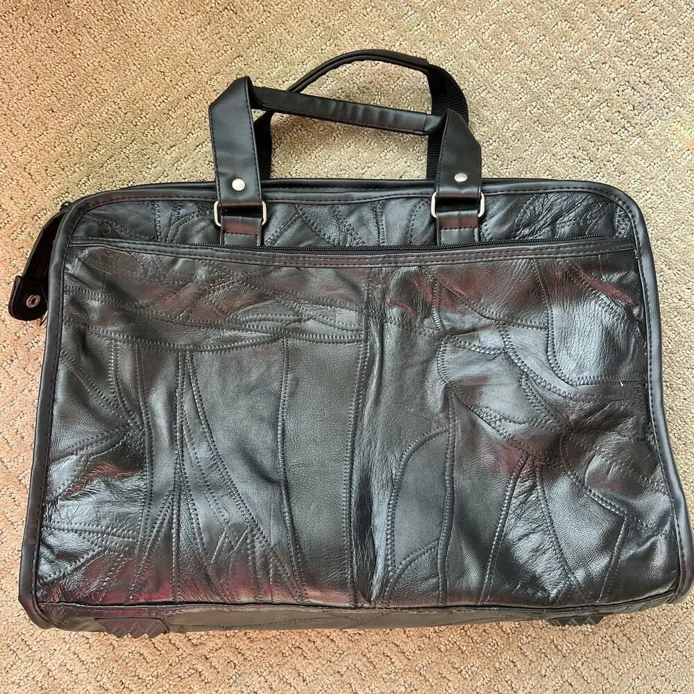 Vintage Y2K Black Leather Patchwork Briefcase Laptop Bag Large Pockets Organizer